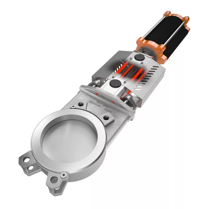 Stafsjö MV knife gate valve with pneumatic actuator for automated isolation