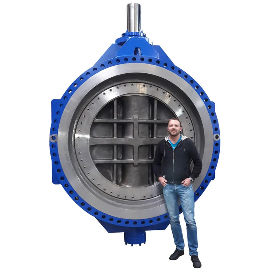 Zwick Tri-Con 78 inch valve with engineer standing in front, showcasing robust triple offset design for heavy-duty service